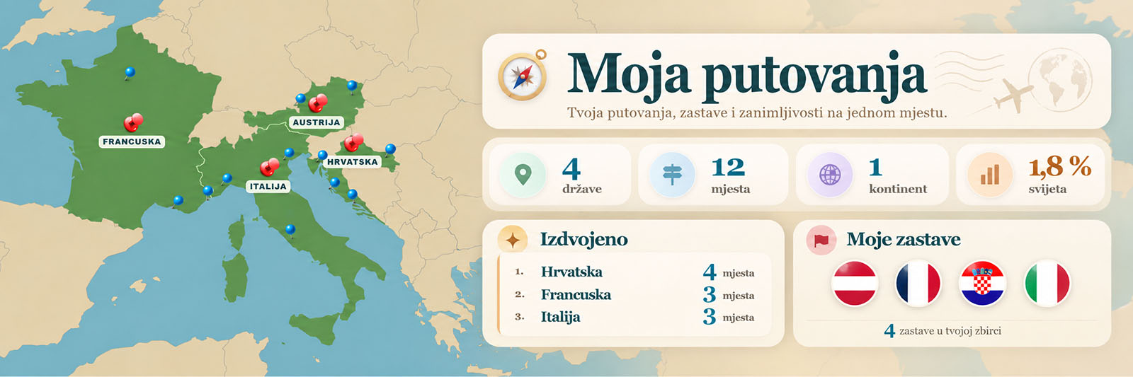 Moja putovanja – karta posjećenih država, mjesta i putnih statistika